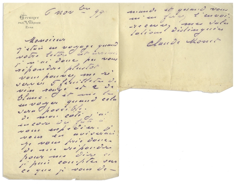 Claude Monet Autograph Letter Signed -- Monet Writes to His Wine Merchant, Ordering Both Red & White Wine